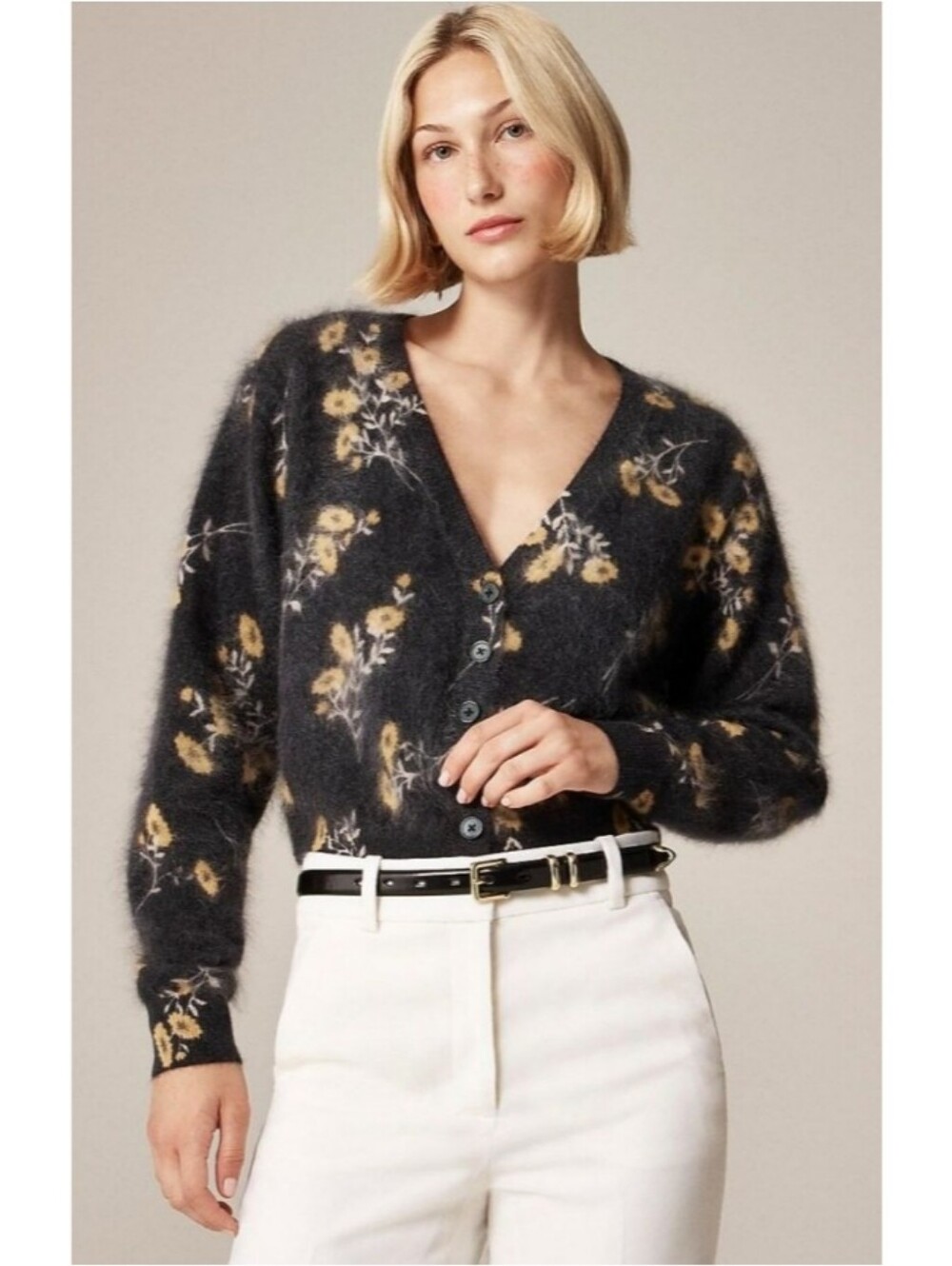 J.Crew Brushed Cashmere Party Cardigan in Marigold Print